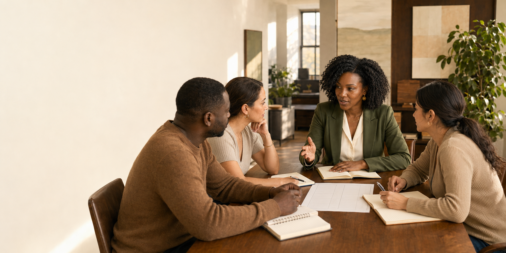 A small group of founders working with a facilitator around a table