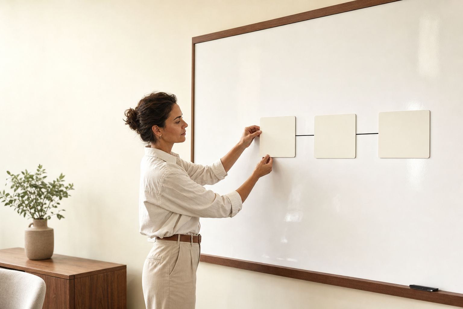 A founder arranging blank cards into a clear sequence on a whiteboard
